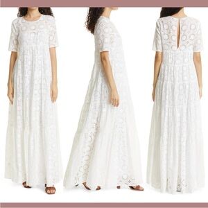 STAUD [ Small ] Hyacinth Short Sleeve Eyelet Maxi Dress In White# Q893
